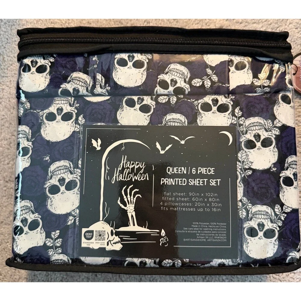 NEW Halloween Goth Style Queen 6pc Sheet Set Skulls Purple Roses Sheets